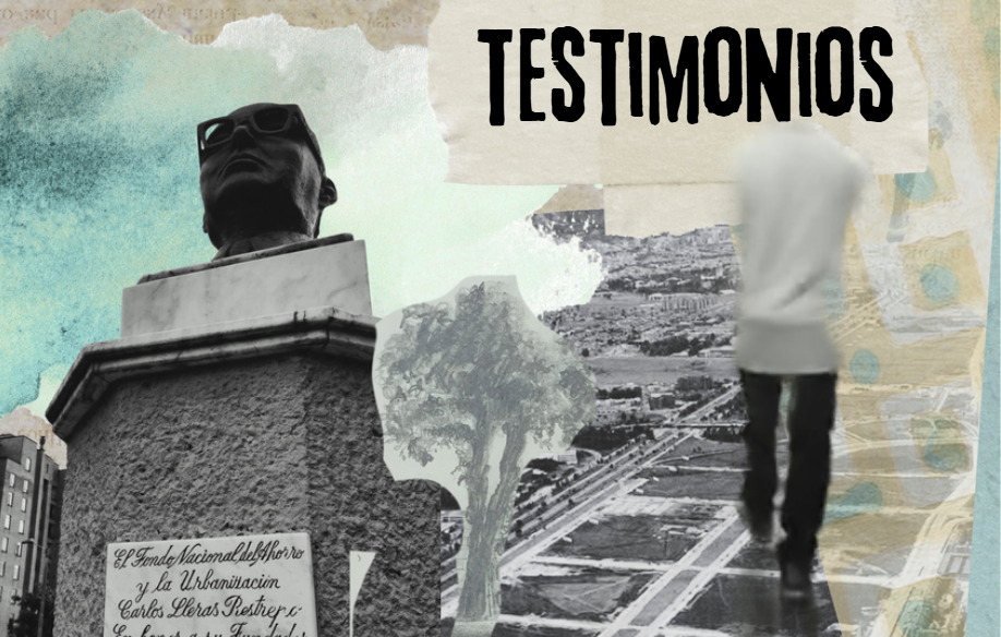 Collage artístico de estética nostálgica y fragmentada que superpone la historia y el presente de la Urbanización Carlos Lleras Restrepo. En el fondo, se aprecian texturas de mapas antiguos y documentos técnicos de hace 30 años de la Hacienda El Salitre. En el costado izquierdo, destaca una fotografía en blanco y negro del busto de Carlos Lleras Restrepo, hito central del barrio. En el centro, una figura humana camina de espaldas hacia el horizonte, simbolizando el seguimiento de los relatos vivos. La obra integra elementos orgánicos como un árbol dibujado a mano y manchas de acuarela que suavizan los bordes de los documentos históricos.